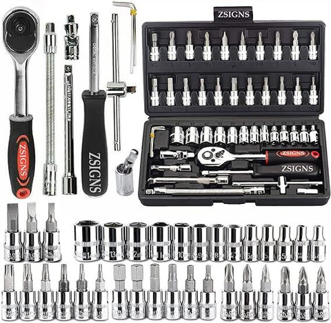 DIGNOケ―タイ4A203KC ZSIGNS Ratchet Wrench Set 46Pcs 1/4 Inch Drive Box End Socket Set