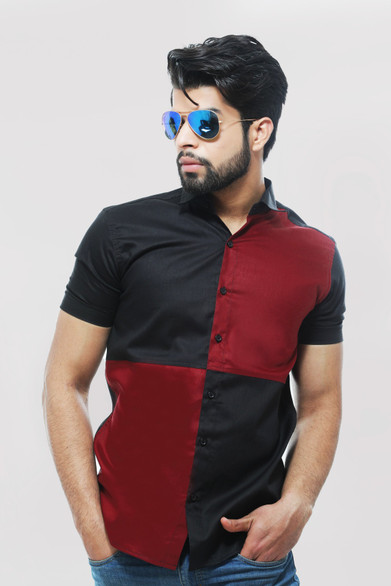 Color Block Casual Maroon Black Shirt 