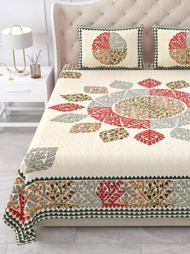 KUVAS Cotton King Flat 260 TC Printed 1 Bedsheet with 2 Pillow Covers