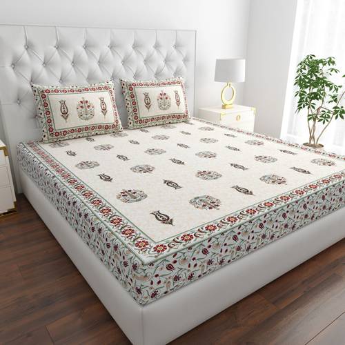 COZYKO Cotton King Flat 200 TC Jaipuri Prints 1 Bedsheet with 2 Pillow Covers