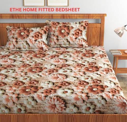 Ethe Home Cotton King Fitted (Elastic) 320 TC 3D Printed 1 Summer Bedsheet with 2 Pillow Covers