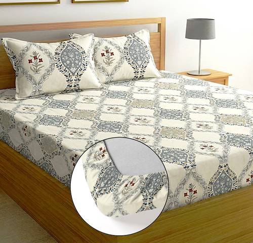 Moonroof Cotton Double Fitted (Elastic) 244 TC Printed 1 Summer Bedsheet with 2 Pillow Covers