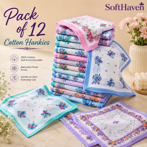 SoftHaven Pack of 12 Premium Cotton Handkerchiefs for Women | 29 x 29 cm Large size ["Multicolor"] Handkerchief