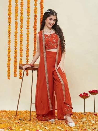 Girls Festive & Party Ethnic Jacket, Blouse and Palazzo Set