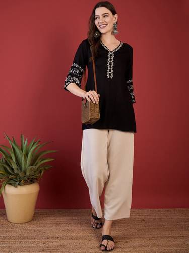 DESI ART Casual Balloon Sleeve Embroidered Women Black Top