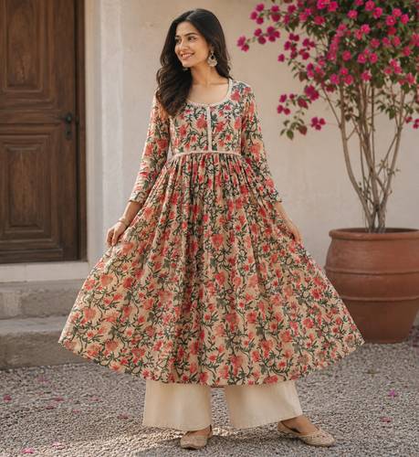 LOTAN ATTIRE Floral Print Cotton Blend Anarkali Kurta for Women