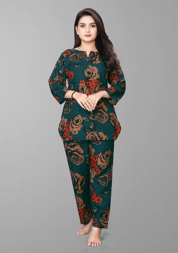 Biyoko Women Night Suit Set Dark Green Printed