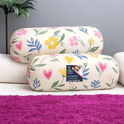 VILLAGERS Microfibre Bolster Pack of 2 Floral Floral Heart Printed