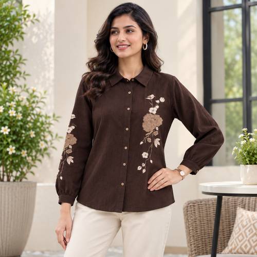 Women Regular Fit Embroidered Spread Collar Casual Shirt