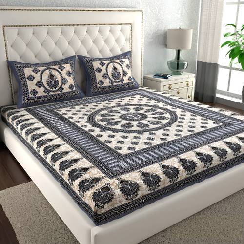 Jeevat Cotton Double Flat 144 TC Jaipuri Prints 1 Bedsheet with 2 Pillow Covers