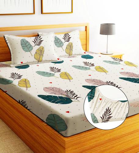 EXFAB Cotton King Fitted (Elastic) 244 TC Printed 1 Bedsheet with 2 Pillow Covers