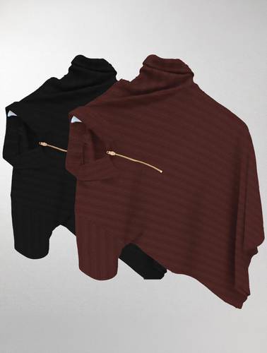Pack of 2 Men Striped Zip Neck Polycotton Brown, Black T-Shirt