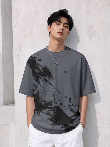 RPIRT Men Printed Round Neck Cotton Blend Grey T-Shirt