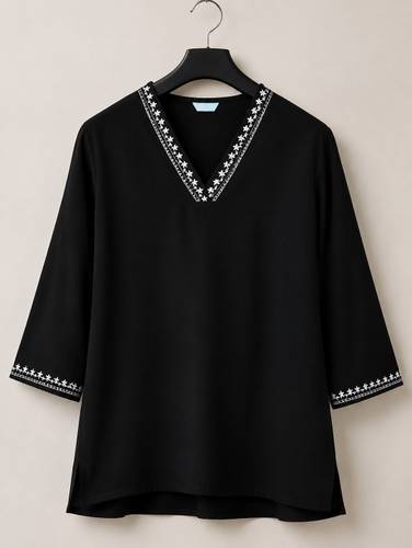 Anjli style haus Casual Regular Sleeves Embroidered Women Black Top