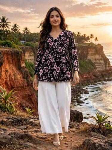 Casual Regular Sleeves Printed, Floral Print Women Black Top