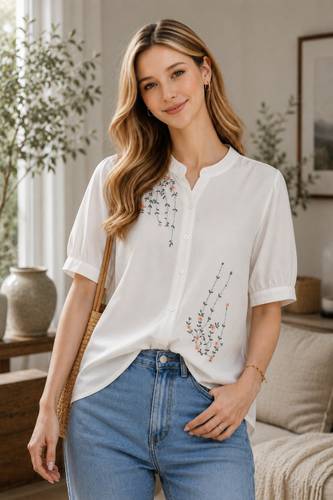 VEROZA Casual Puff Sleeves Embroidered Women White Top