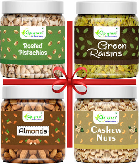 GO GRASS PREMIUM Dry Fruits Combo Pack ( RAISINS, ALMONDS , CASHEWNUTS , PISTACHIOS) 100 GRAM EACH | JAR PACK | Raisins, Almonds, Cashews, Pistachios(4 x 100 g)