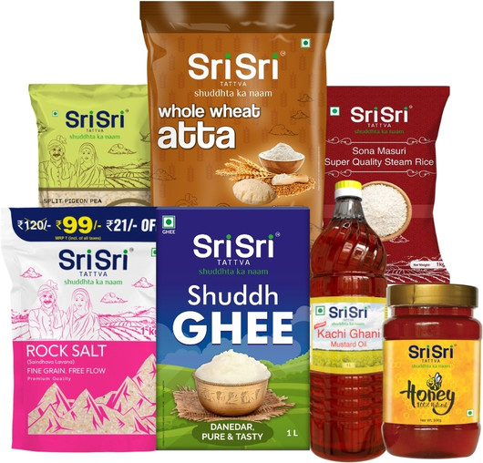 Sri Sri Tattva 7-in-1 Essential Groceries Combo(Whole Wheat Atta 5 kg, Rock Salt Fine Grain 1 kg, Shuddh Ghee 1 L, Toor Dal 1 kg, Sona Masuri Rice 1 kg, Kachi Ghani Mustard Oil 1 L, Pure & Natural Honey 500 g)