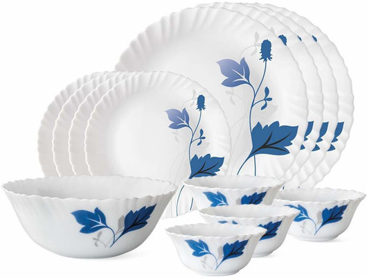 Larah by Borosil Pack of 13 Opalware Ageria Opalware Dinner Set, 13-Pcs, White Dinner Set (White, Blue, Microwave Safe)