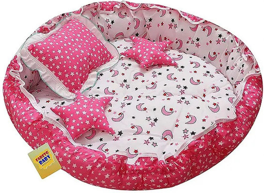 Fareto Cotton Baby Bed Sized Bedding Set Pink, 1 Nest, 1 Square Pillow, 2 Star Pillow