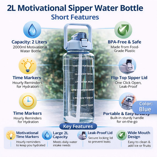 Cronus HydroMax Inspire 2L Leakproof Motivational Sipper with Time Marker 2000 ml PET Bottle Pack of 1, Light Blue