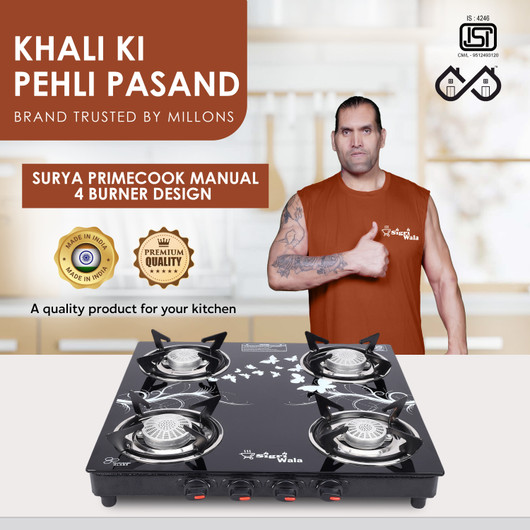 Sigri-wala Surya ISI Certified Toughened Door Step WarrantyTornado Steel Manual Gas Stove(4 Burners)