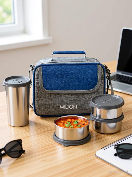 Flipkart.com | MILTON Daily Meal Lunch Box with Bag, 3 Containers 300 ml each & Tumbler 400 ml, Blue 3 Containers Stainless Steel Office Lunch Box -