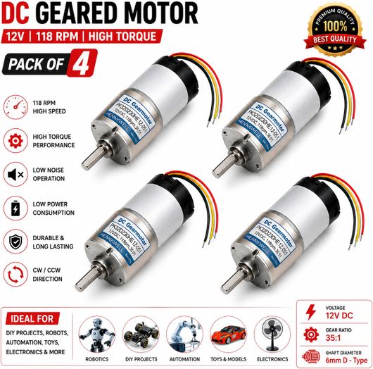 enormity DC Motor 12V 118 RPM High Torque Metal Gear Motor (Pack of 4) DC Brushed Motor - Image 8