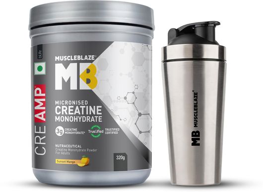 MUSCLEBLAZE Micronised Creatine Monohydrate CreAMP, Trustified Certified & Gym Steel Shaker Creatine (320 g, Juicy Berries) - Image 8
