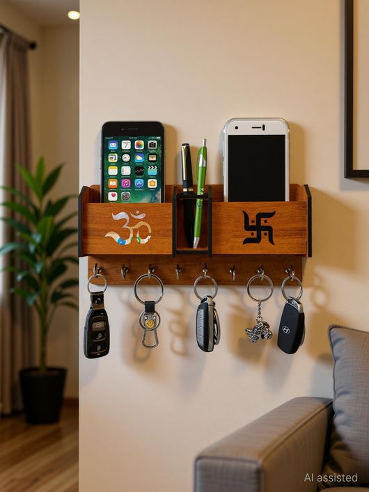 Pawandeep Wood Key Holder with 8 Hooks and Charging Stand, Brown - Image 8