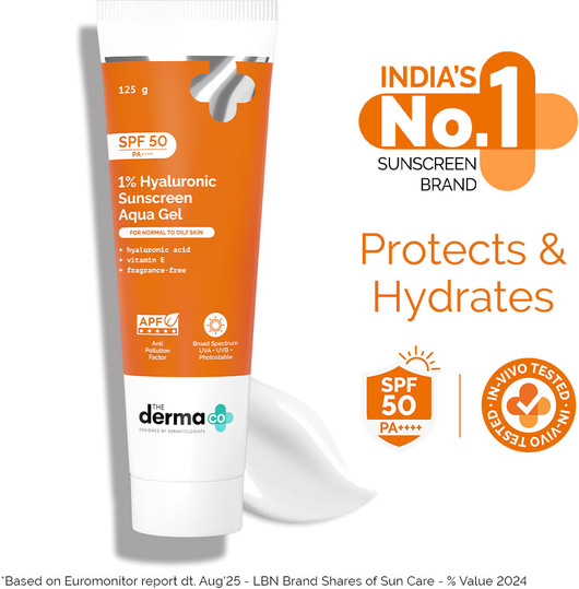 The Derma Co Sunscreen - Spf 50 Pa++++ 1% Hyaluronic Aqua Gel Lightweight, No White-cast For Broad Spectrum*##*125 g