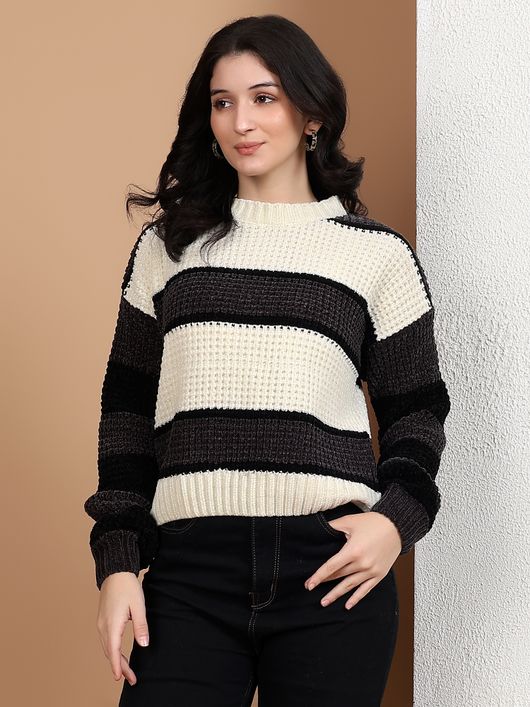 SF Jeans by Pantaloons Women Striped Round Neck White Sweater - Image 8