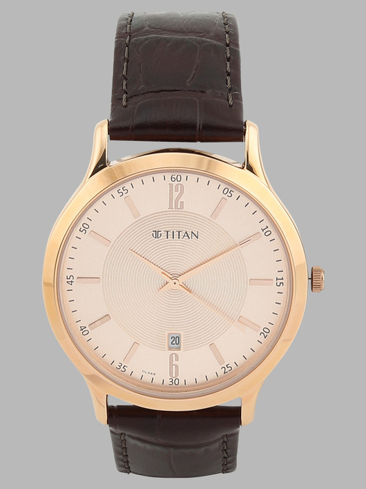 Titan Titan With Date Champagne Dial Brown LeatherStrap Analog Watch  - For Men NT1825WL02,NU1825WL02