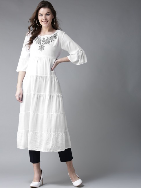 Buy HERE&NOW Grey & White Ethnic Motifs Printed Cotton Kurta - Kurtas for  Women 2042084