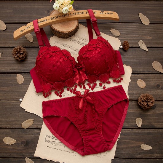 Buy online Red Net Bras And Panty Set from lingerie for Women by