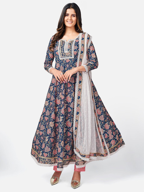 Buy Femezone Women's Cotton Handblock Printed Anarkali Kurti Pant & Dupatta  Set (XL,Blue red) at Amazon.in