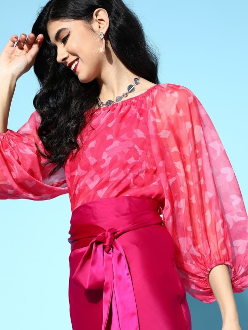 New-design One Shoulder Puff Sleeve Blouse (Color : Hot Pink, Size