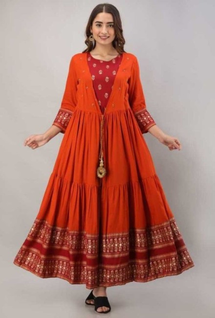 Stunning Orange Color Embroider With Sequence Work Gown