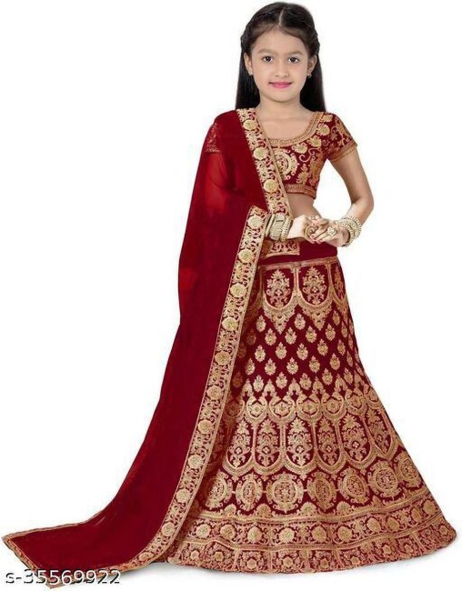 Kinder Kids Girls Red & Maroon Embroidered Ready To Wear Lehenga Choli with  Dupatta - Absolutely Desi