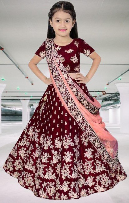 Most popular trending kids embroidery work designer maroon colour lehenga  choli with less border dupatta set