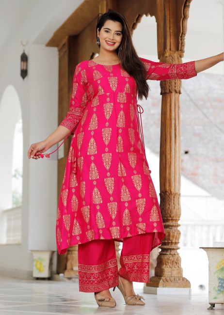 Trending Women Gold Printed Peach Kurti with Palazzo Pants for Women and  Girls