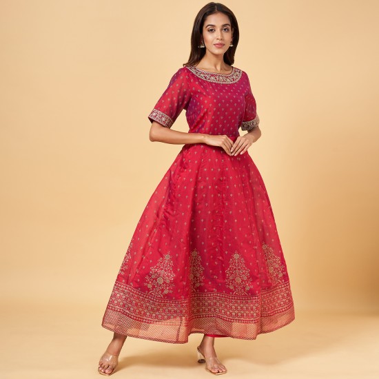RANGMANCH BY PANTALOONS Women Red & Gold-Toned Ethnic Motifs Round Neck  Silk Midi Dress - Absolutely Desi