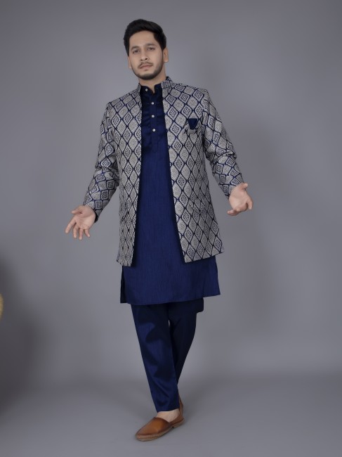 amzira Men Navy Blue Ethnic Motifs Embroidered Sequinned Kurta With Trousers  - Absolutely Desi
