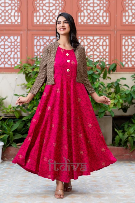 Buy Red Printed Georgette Anarkali Dress with Belt and Zari Dupatta Set of  2  BAO243redMATS4  The loom