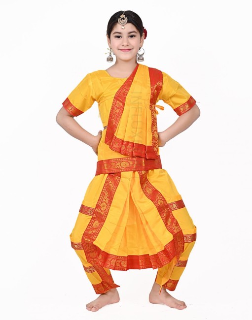 Mudra Dance Costumes Classical Bharatnatyam Readymade Orange and Dark Green  Silk Cloth Women and Kids Dress for Fancy Dress, Costume Competitions