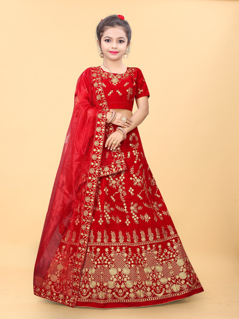 Pre Order: Floral Sequins Embroidered Red Top And Scalloped Lehenga Wi |  Little Muffet