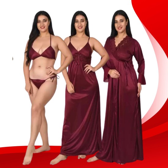 Buy Women's Satin Black Nightwear/Nightdress 4pc Set Nighty, Wrap Gown, Bra  & Thong SL059 B Online at Best Prices in India - JioMart.
