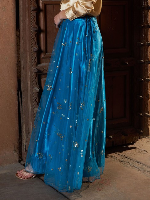 Indian maxi skirt Crushed georgette black n turquoise skirt Crinkled   Artikrti
