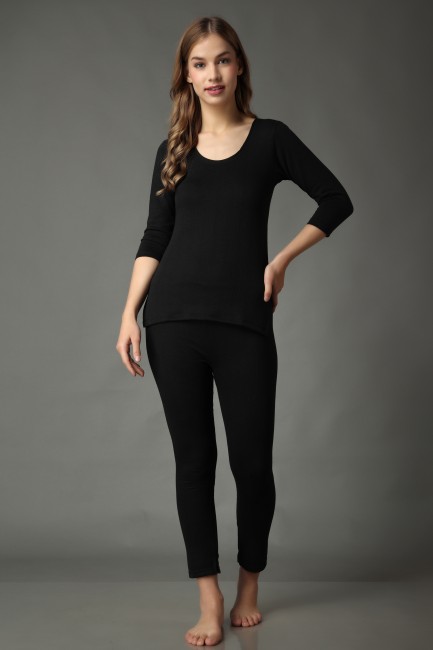 Women's Solid Thermal Top, Black Women Cotton Thermal Inner Wear