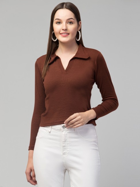 Buy V-NECK KNITTED LONG SLEEVE CROP TOP for Women Online in India